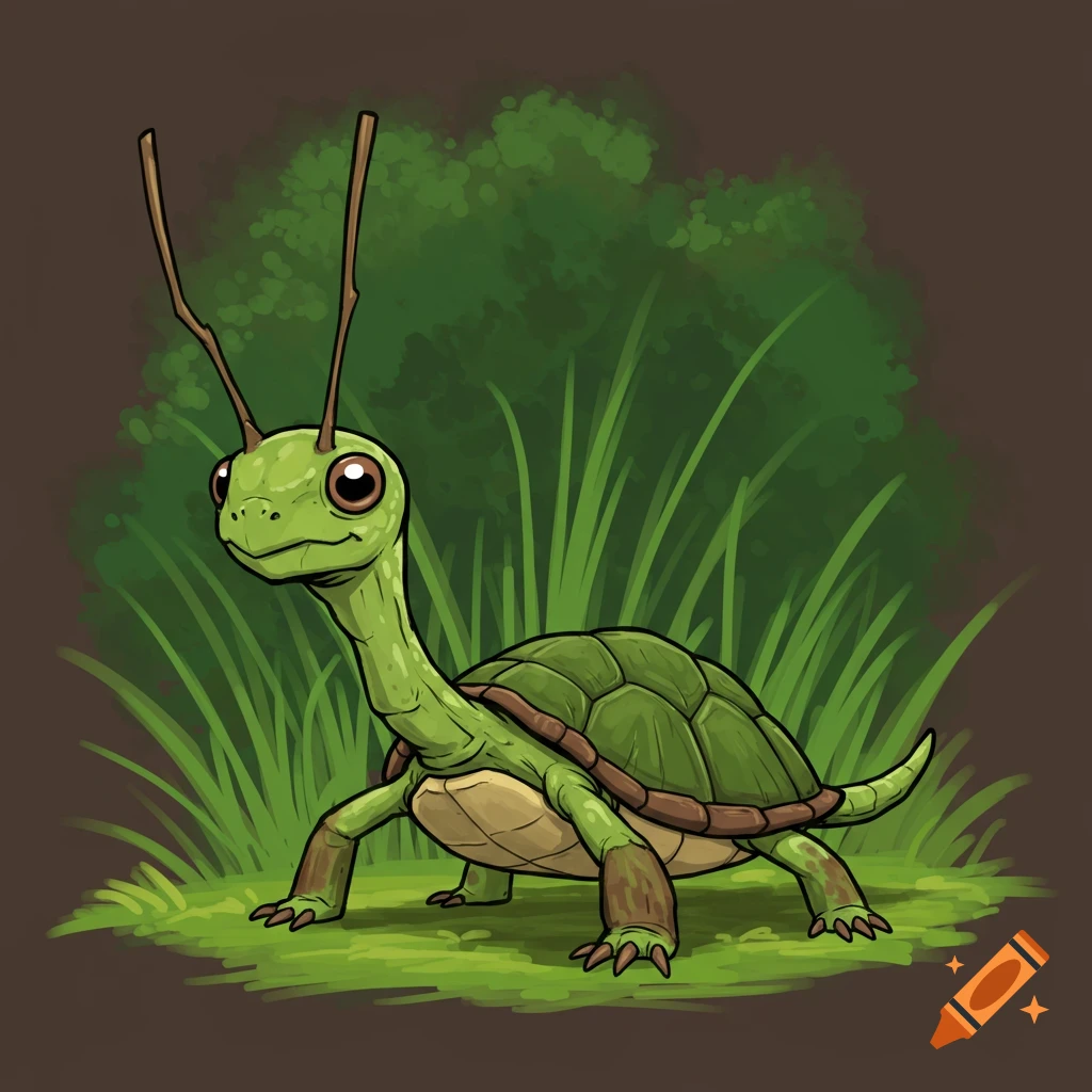 Cartoon turtle with stick antennae standing in grass.