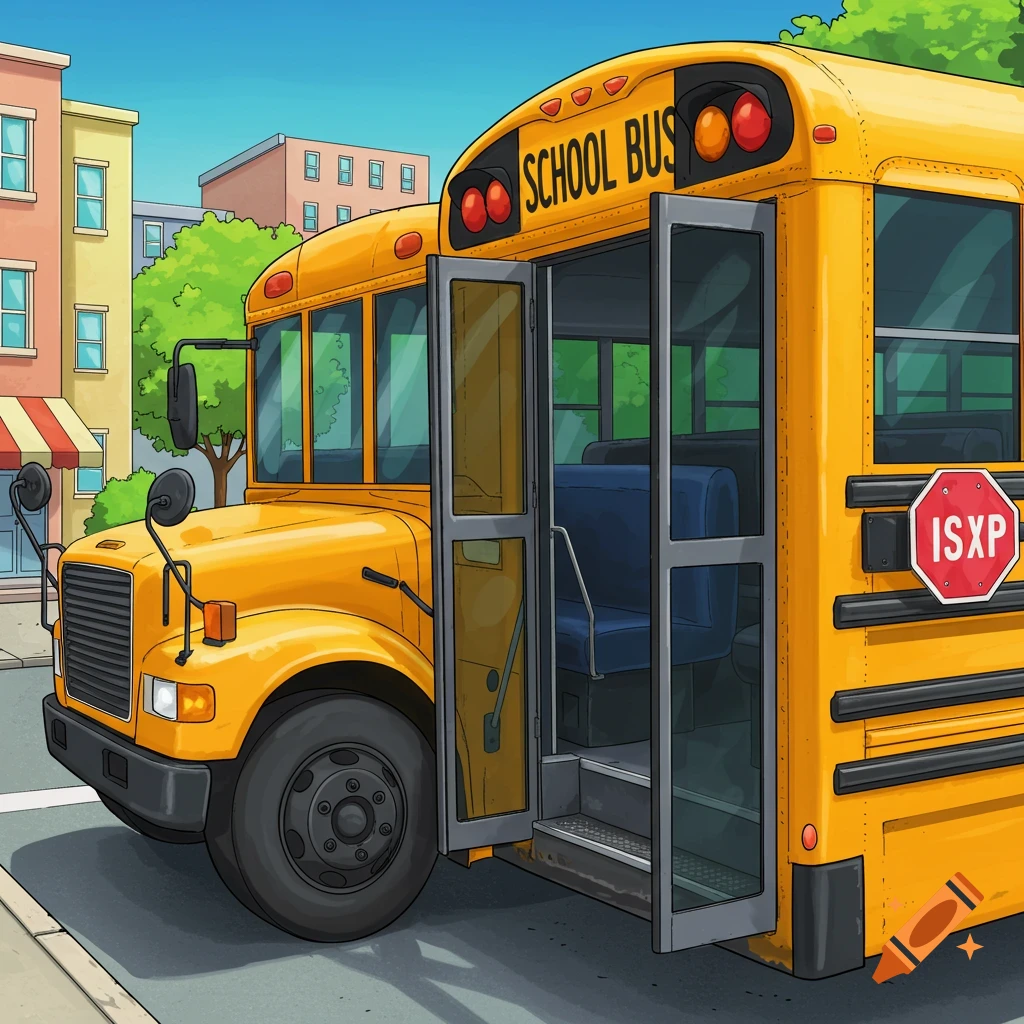 A cartoon illustration of a yellow school bus with its doors open, parked on a city street.