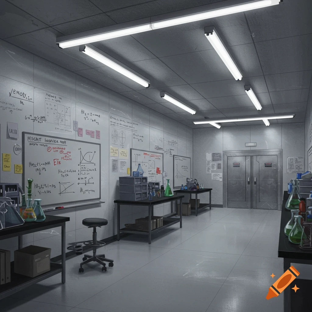 A dimly lit laboratory with whiteboards covered in scribbled formulas, lab equipment, and metal doors.