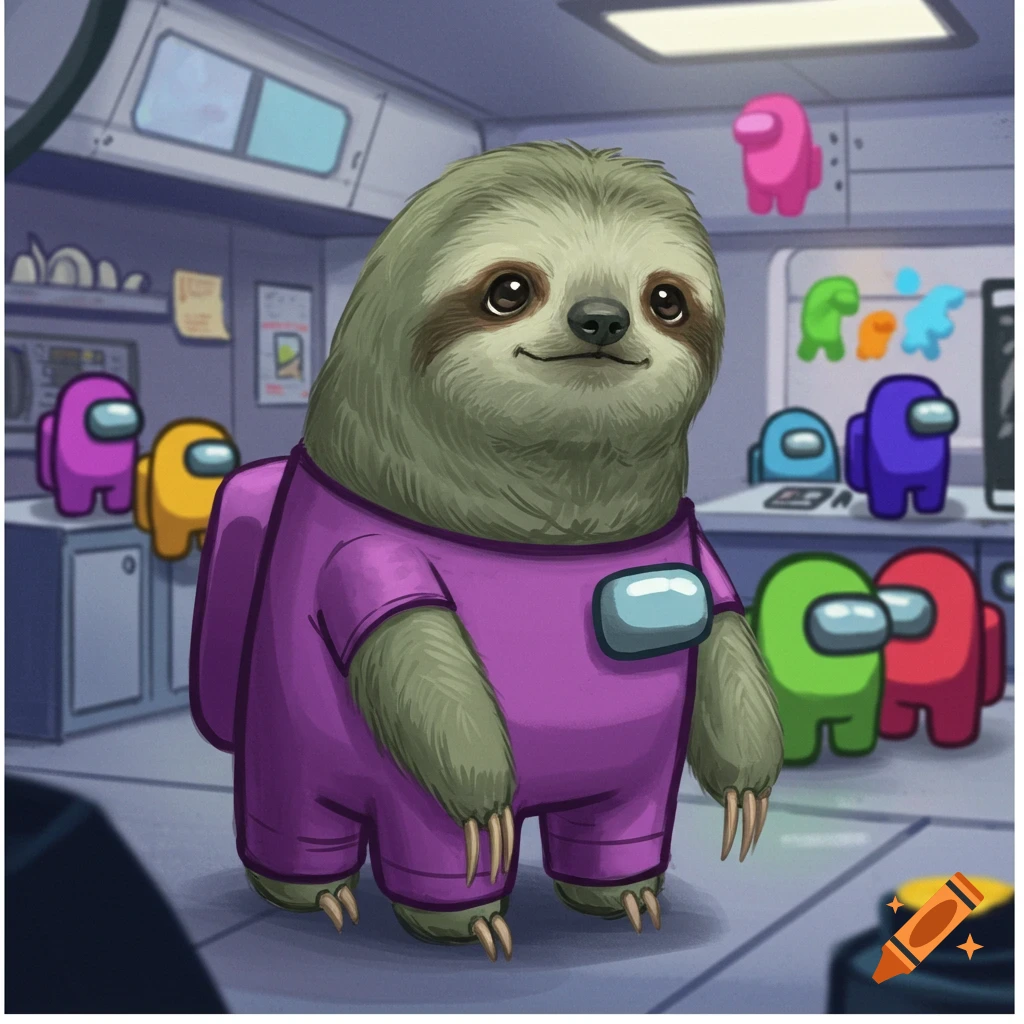 A sloth wearing a purple Among Us suit stands among other colored crewmates in a room.
