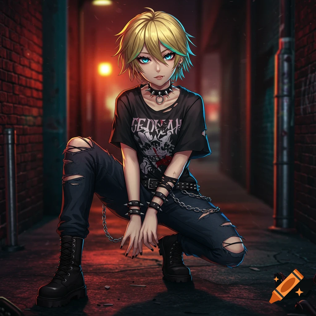 Anime person with blonde hair and blue eyes wearing grunge clothing, squatting in an alley.