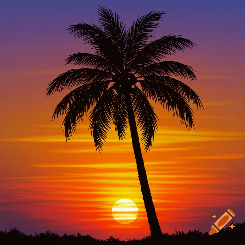 Silhouette of a palm tree against a vibrant sunset.
