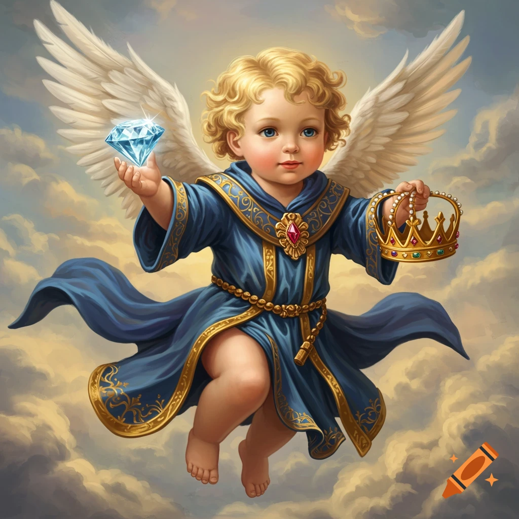 Renaissance painting of a baby angel flying in the sky holding a diamond and a crown, wearing a blue robe.
