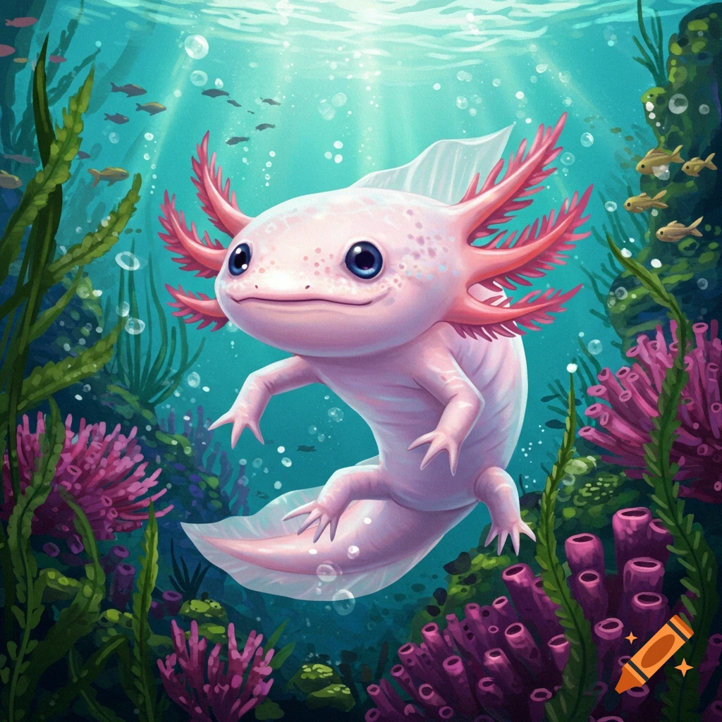 Cute pink axolotl swims underwater among plants and coral. Digital illustration.