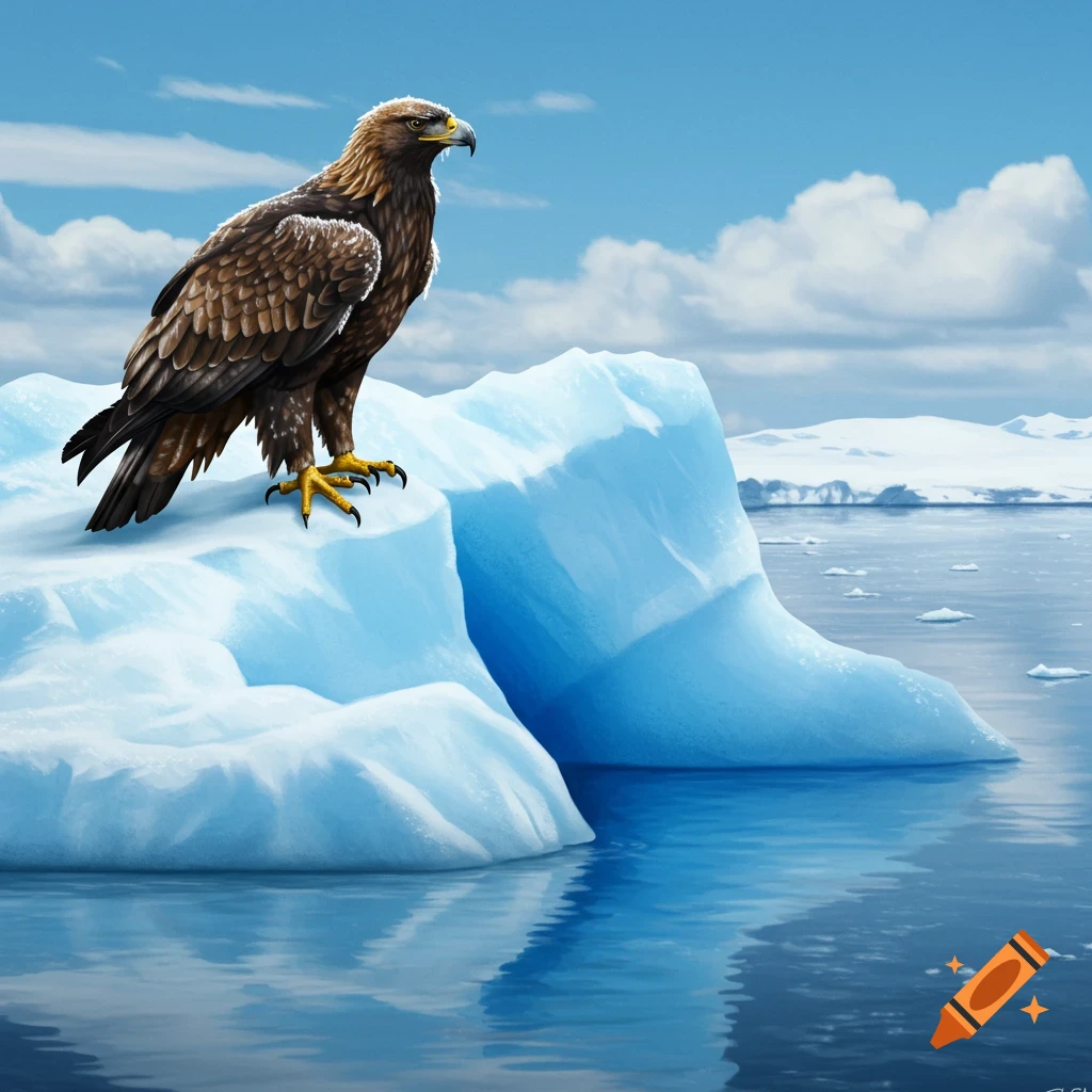 A golden eagle perches on a large iceberg in a blue ocean with snowy mountains.