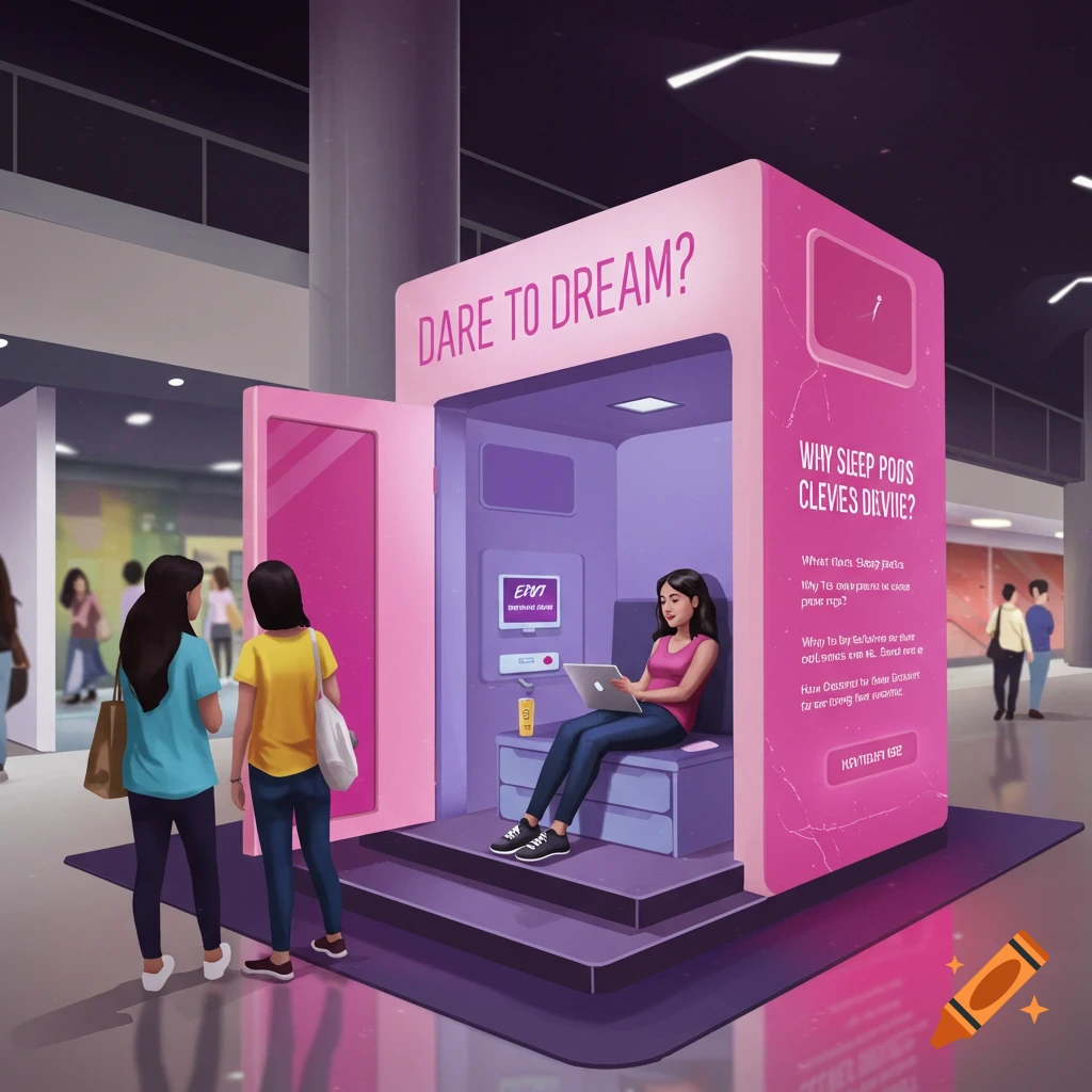 Illustration of a pink and purple sleep pod booth in a mall with people looking at it.