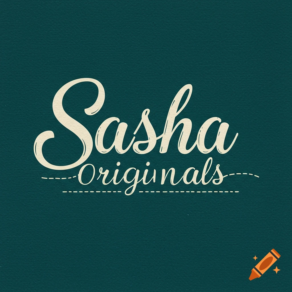 Sasha Originals logo in flowing script with a stitched underline on a dark background