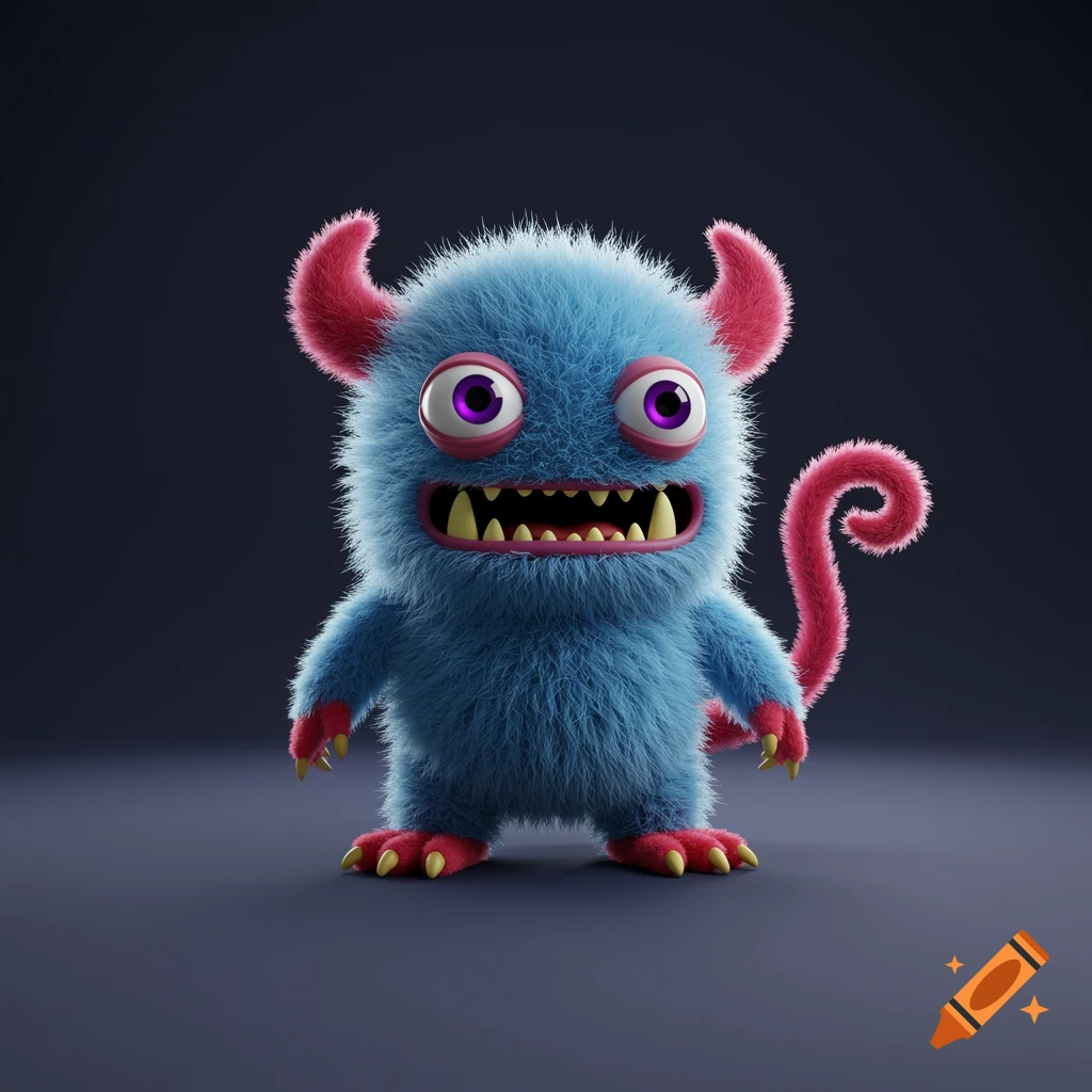 A cute fluffy blue cartoon monster with pink horns, tail, and paws, purple eyes, and sharp yellow teeth.