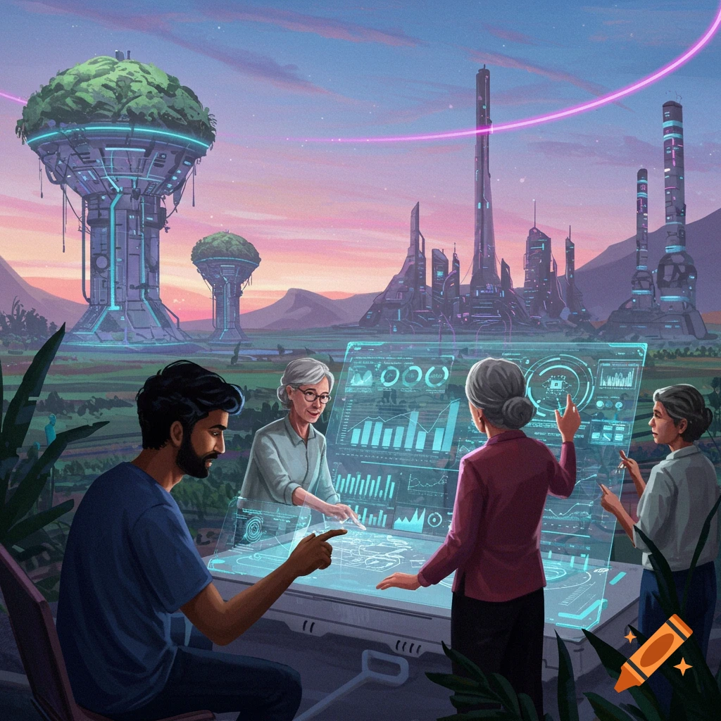 People interact with a holographic screen showing data in a futuristic outdoor setting.