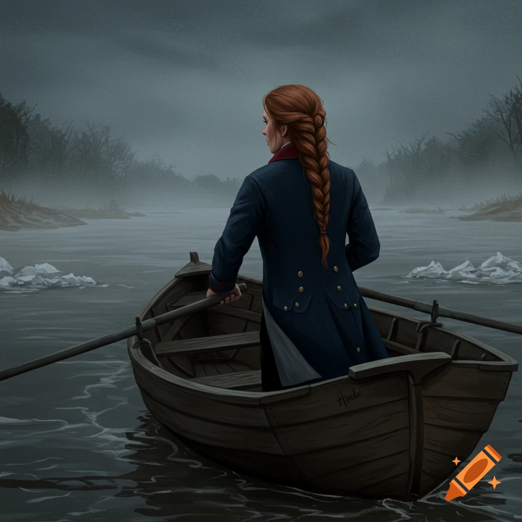 Woman in a blue coat rowing a boat on a foggy river, seen from behind.