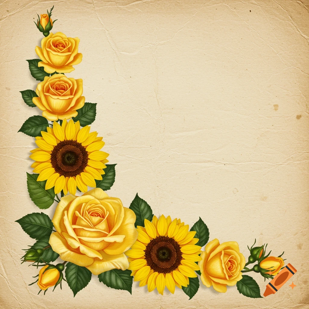 Yellow roses and sunflowers corner border on aged paper.