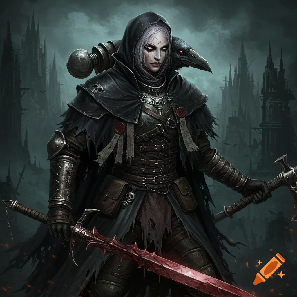 A dark fantasy warrior in armor with a crow on her shoulder stands before a ruined city, holding a red sword and an axe.