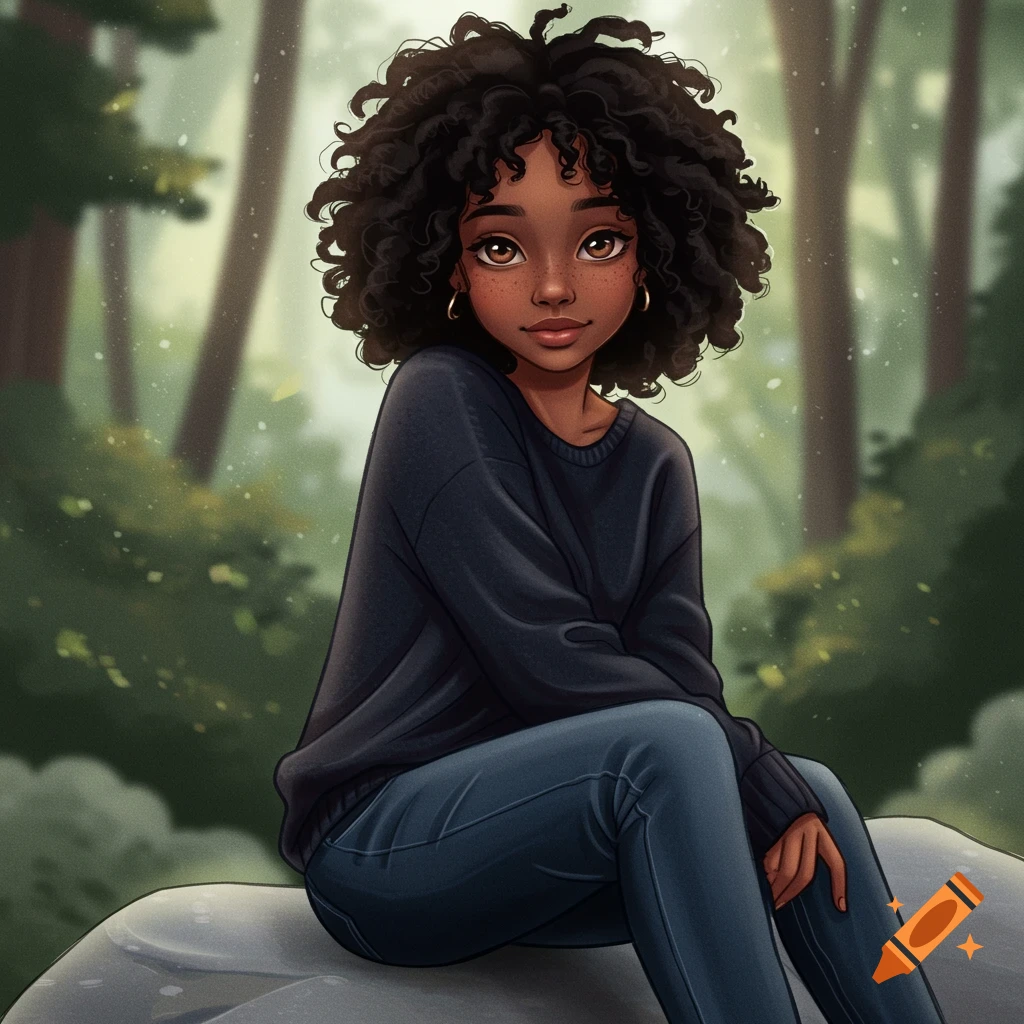 Cartoon illustration of a young Black girl with curly hair sitting on a rock in a forest.