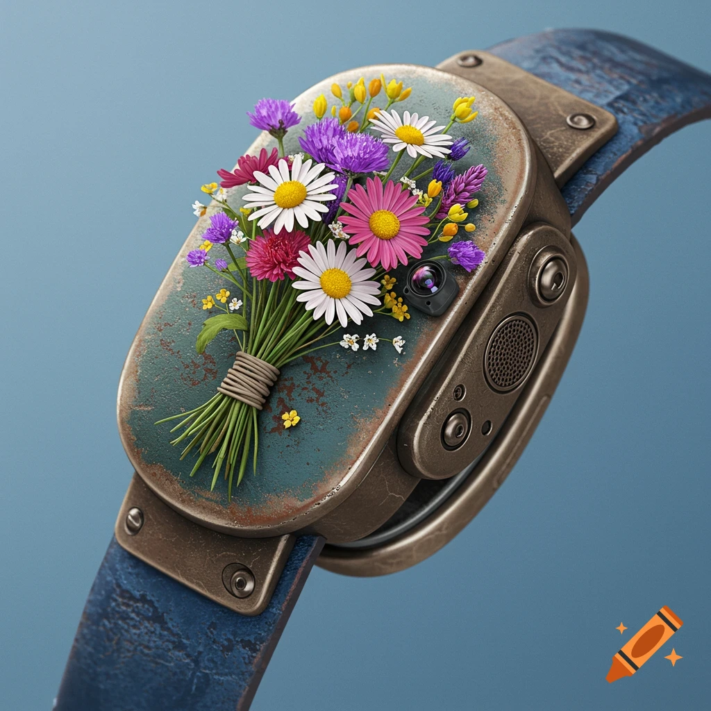 Close-up of a worn, metallic wearable device featuring a bouquet of colorful flowers, a speaker, and a camera against a blue background.