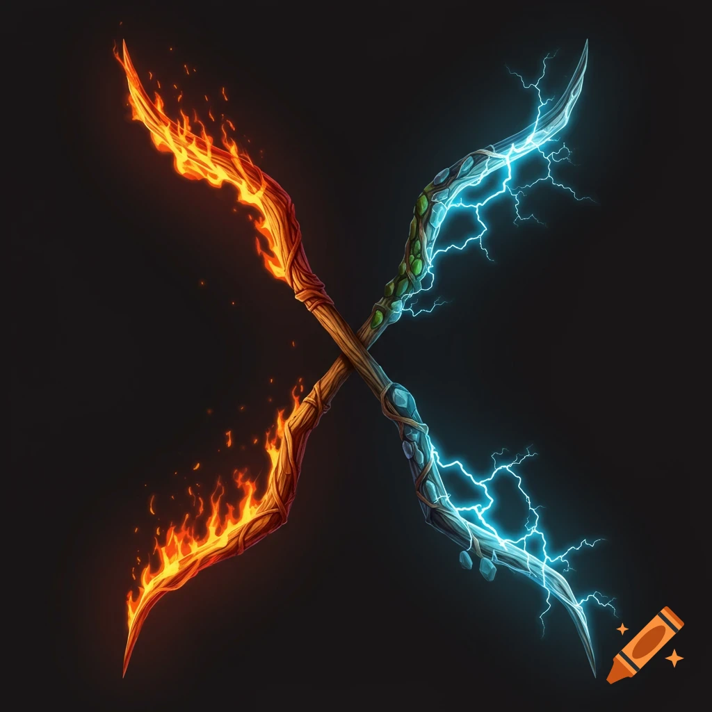 Two stylized elemental bows crossed: one with fire, the other with ice, plants, and lightning.