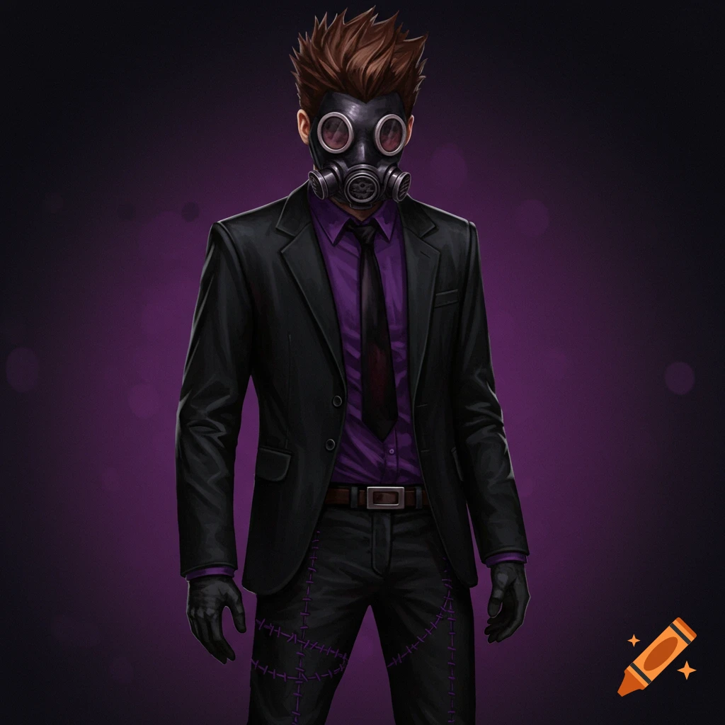 Digital illustration of a man in a black suit, purple shirt, black tie, and gas mask with spiky brown hair.