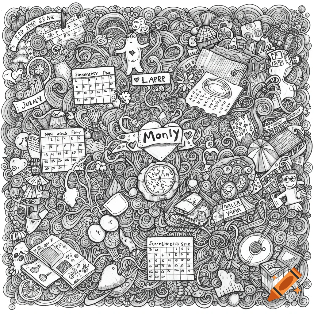 Detailed black and white doodle art featuring various objects, figures, and calendars, suitable for coloring.