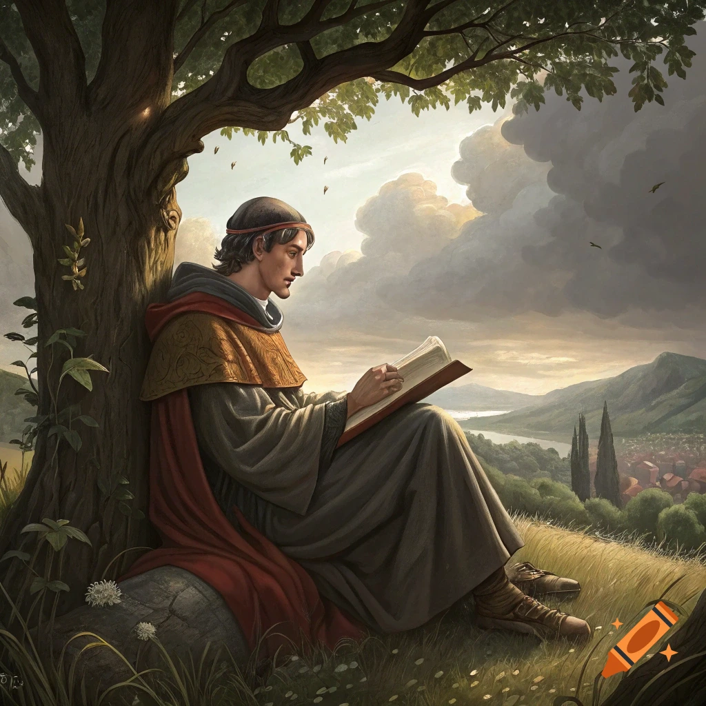 Person in historical attire reading a book under a tree overlooking a valley landscape.