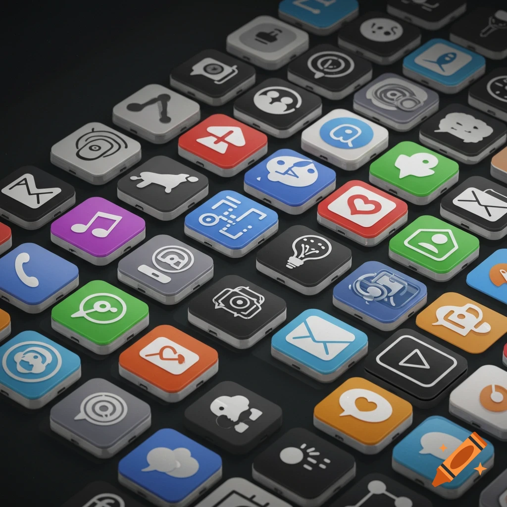 A grid of various colorful and grayscale app icons.