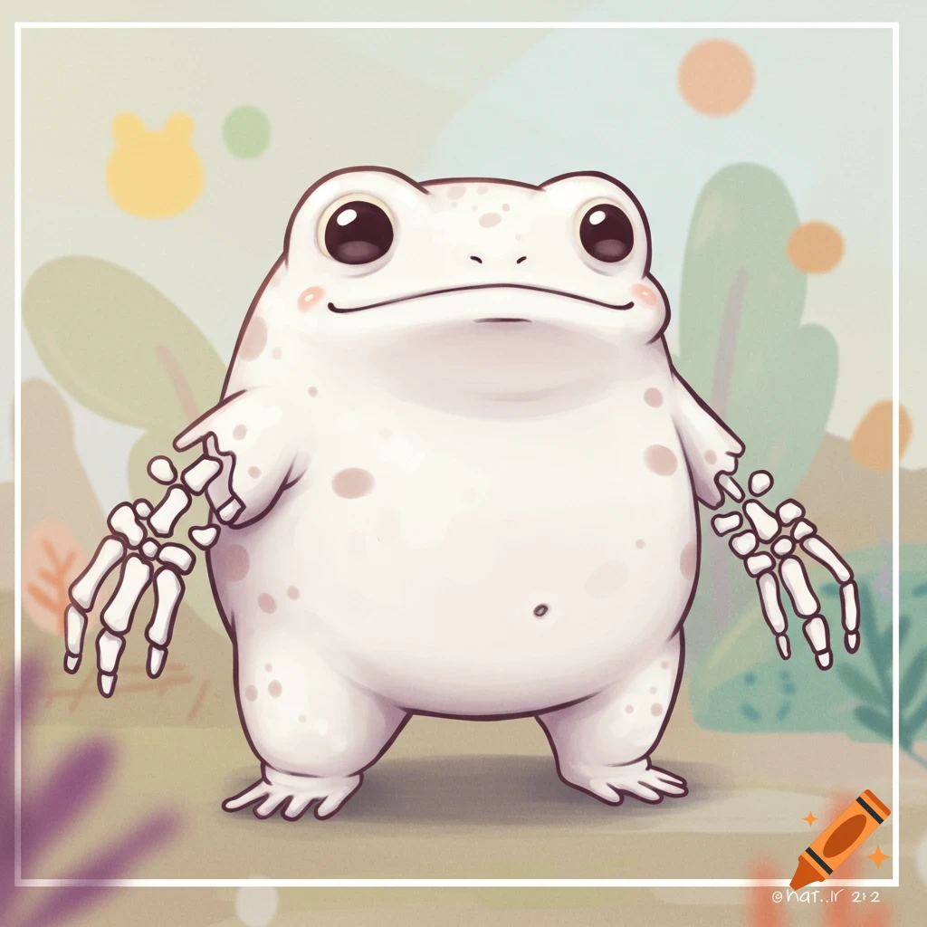 A cute white frog with skeleton arms stands in a soft, illustrated landscape.