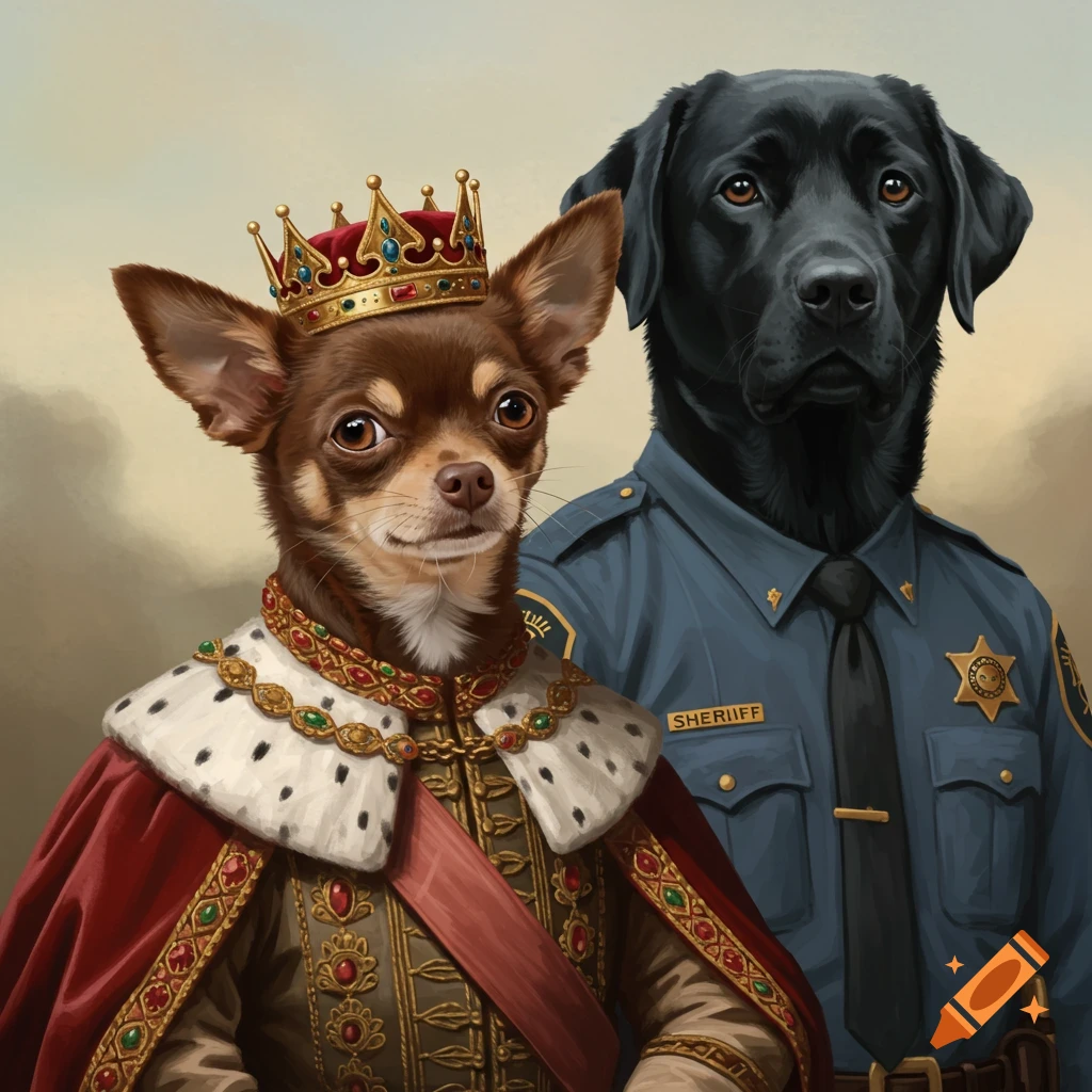 Painting of a small brown chihuahua in king's robes and crown next to a black labrador in a sheriff's uniform.
