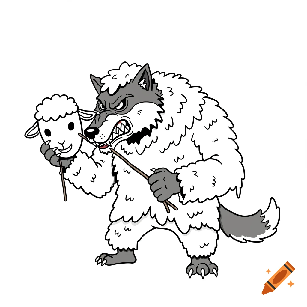 Cartoon illustration of an angry wolf wearing sheep's wool and holding a sheep mask.
