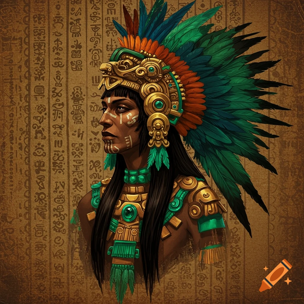 Portrait of an Aztec woman in elaborate feathered headdress and gold jewelry against a background of ancient script.