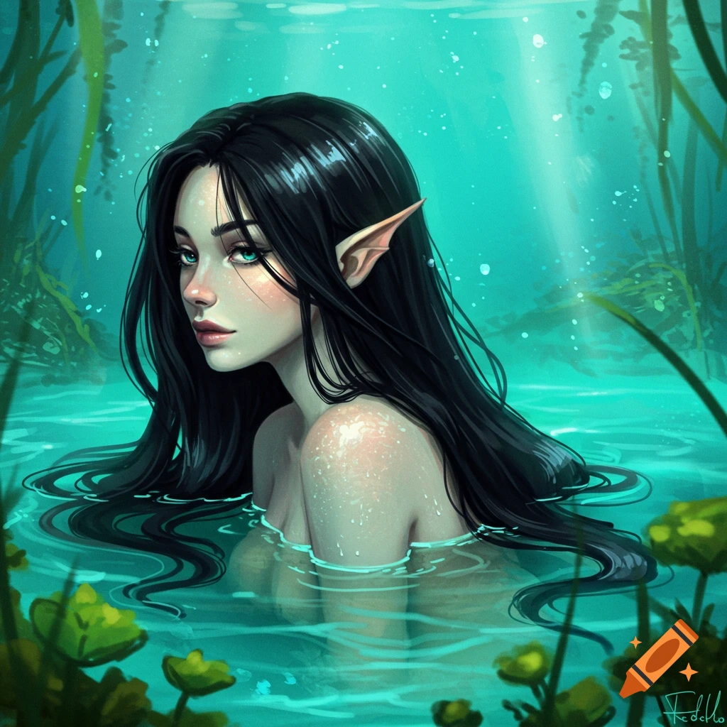 A black-haired water nymph in a serene lake with plants.