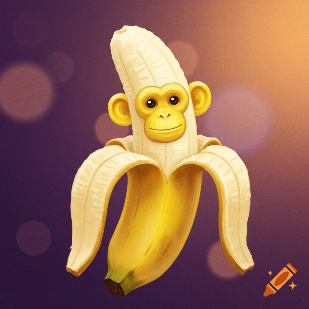 A peeled banana character with a monkey face against a blurred purple and orange background.