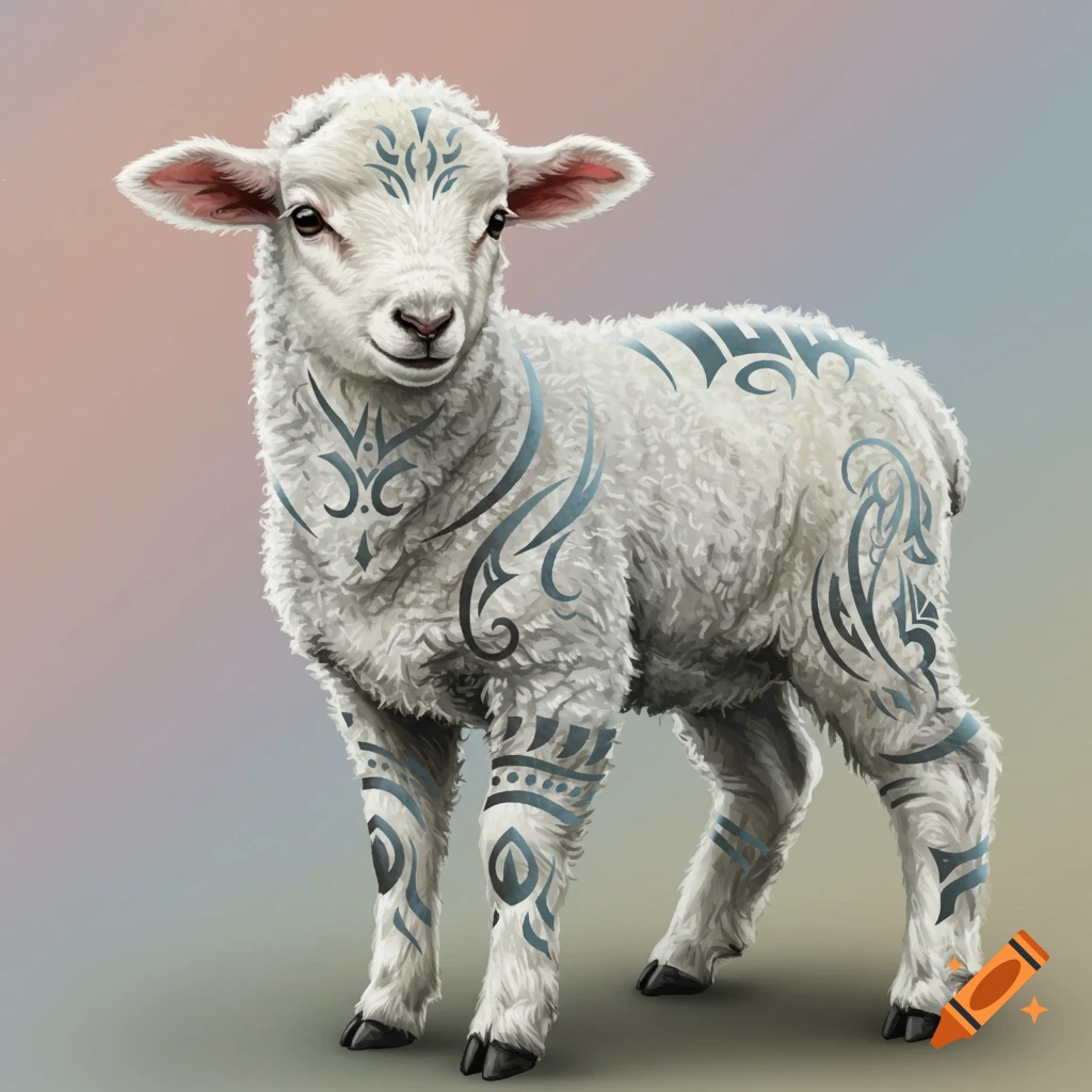 An illustrated lamb with blue tribal tattoos on its body and legs.