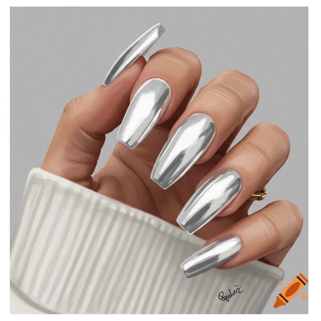 Close-up illustration of a hand with long, silver chrome nails wearing a white sweater.
