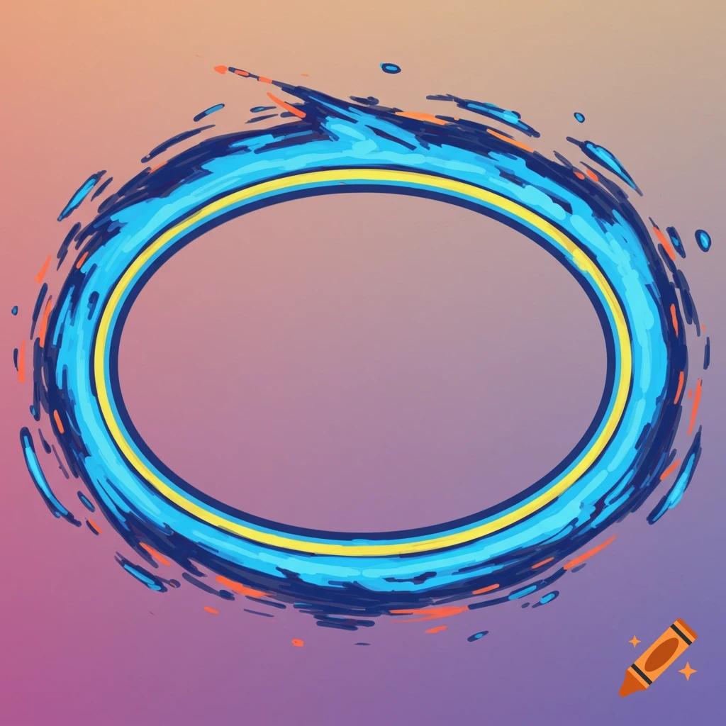 Stylized blue and yellow oval frame with brushstroke effect against a gradient background.