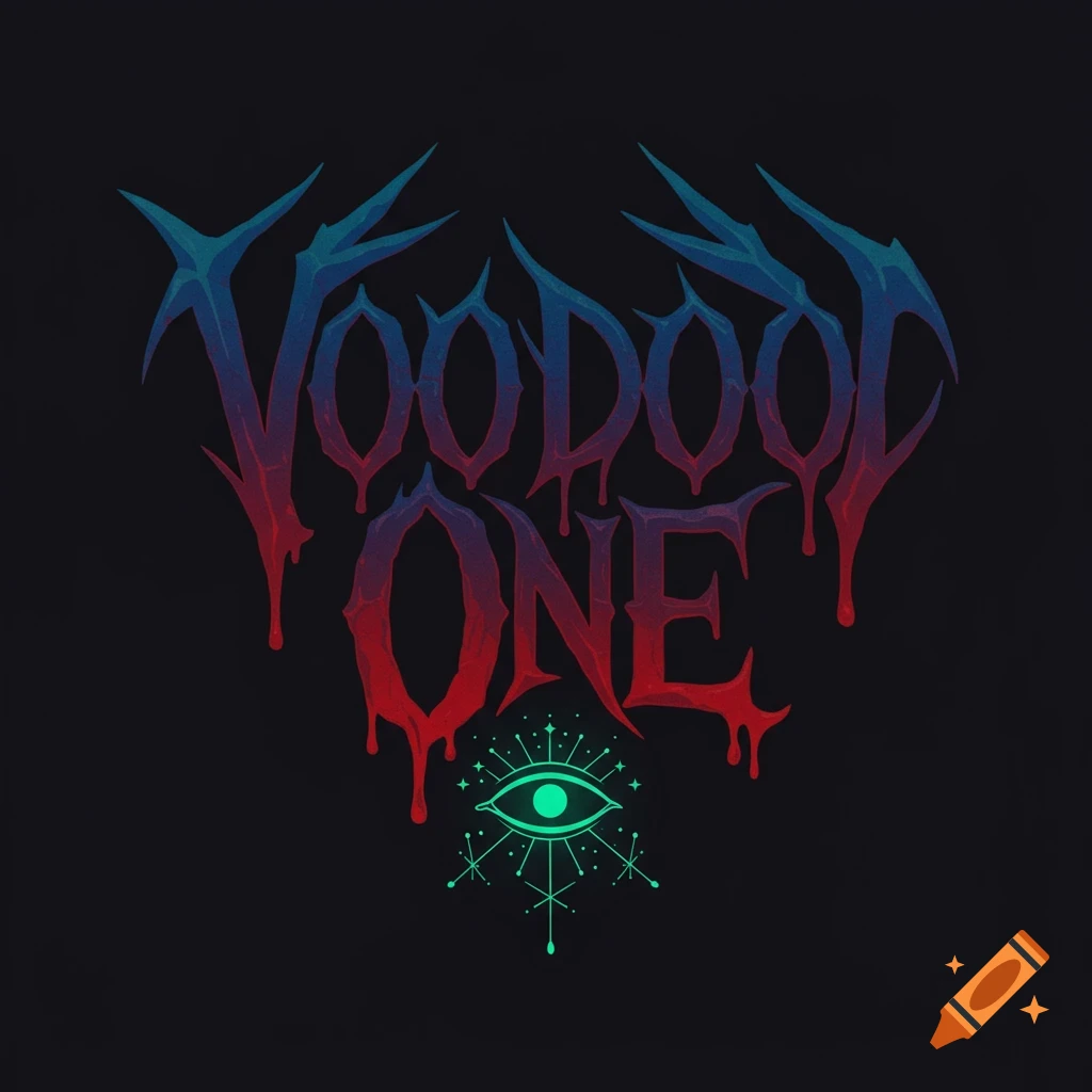 Stylized band logo for Voodoo One featuring dripping text and a glowing eye symbol on a dark background.