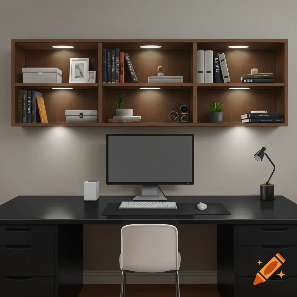 A minimalist home office setup with a computer on a black desk and a shelf filled with books above, illuminated by spotlights.