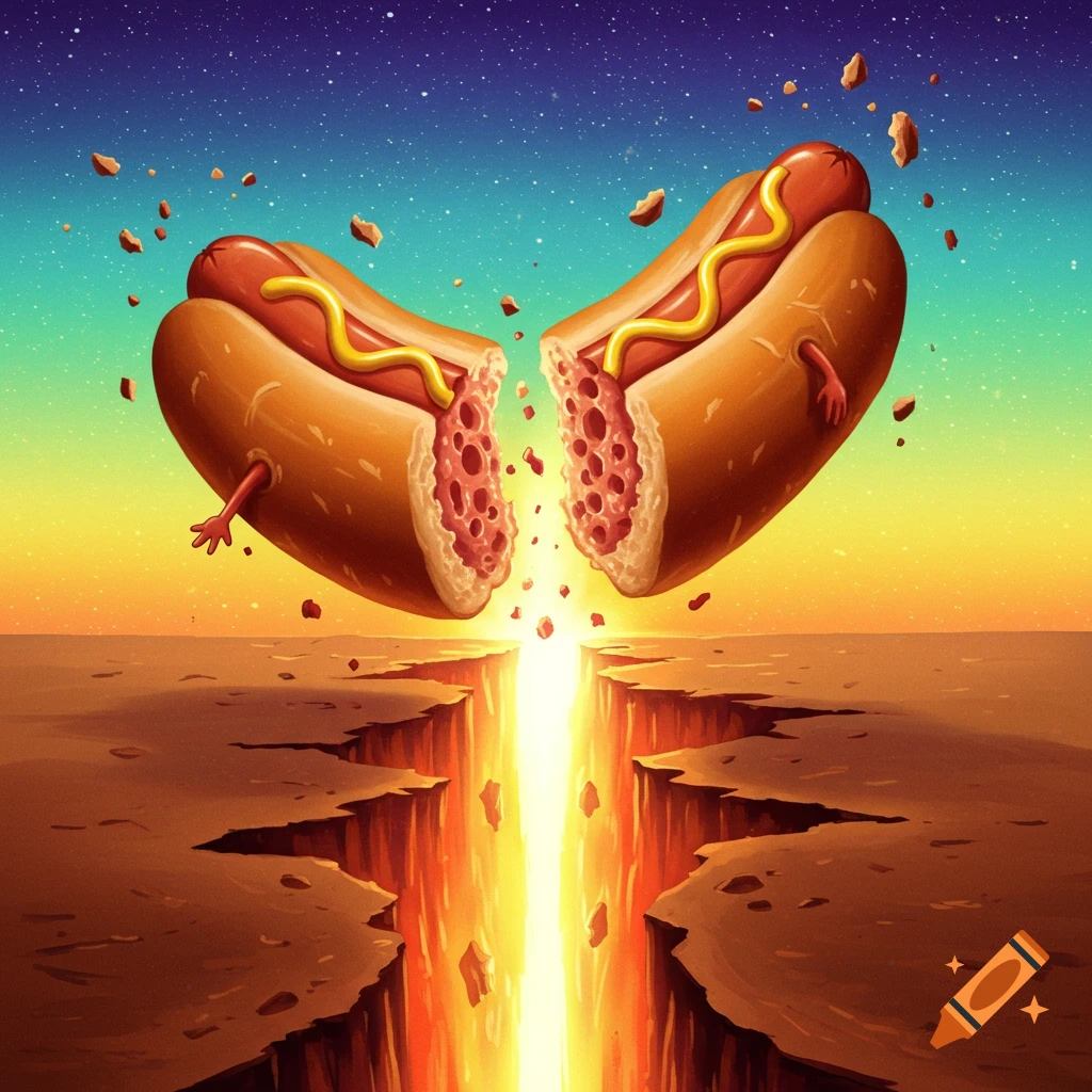 A split cartoon hotdog floats over a fiery chasm under a starry, colorful sky.