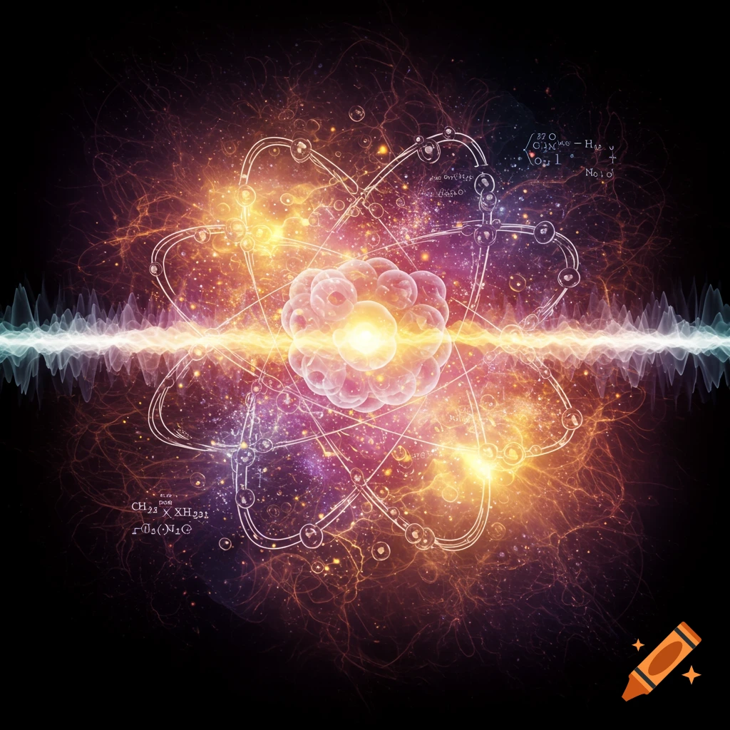 Abstract atom with orbiting particles, glowing core, scientific symbols, and energy waves on a dark background.