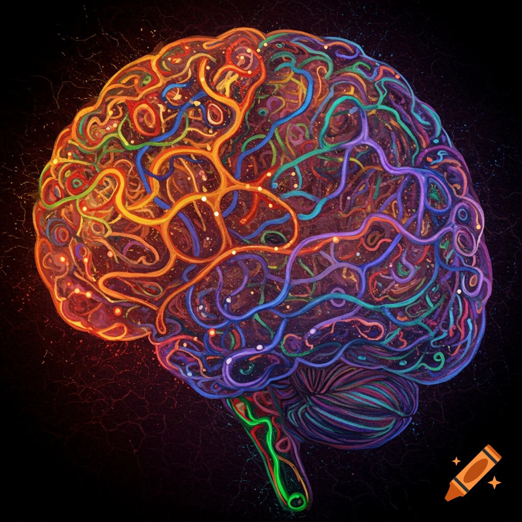 A stylized illustration of a brain depicted with colorful interconnected lines and bright nodes on a dark background.