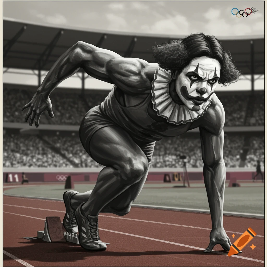 Black and white illustration of a person in clown makeup in a sprinter's starting pose on an Olympic track.