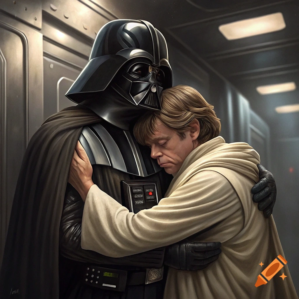 Darth Vader in his suit hugging Luke Skywalker in a hallway