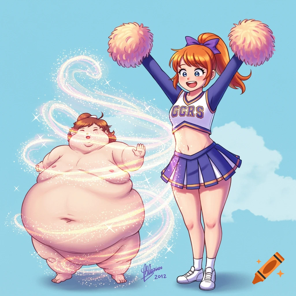 A cheerleader stands next to a sparkling, obese person in a cartoon illustration style.