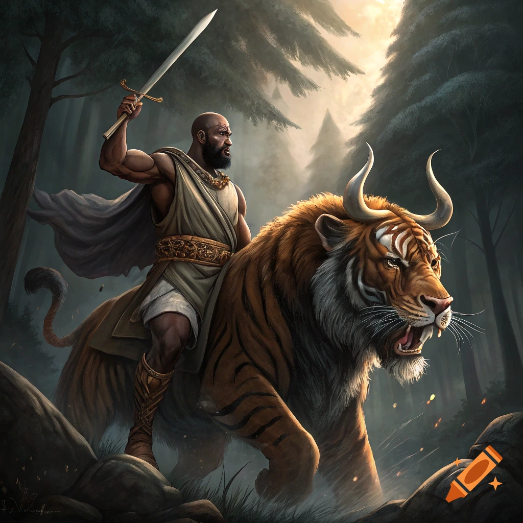 A man rides a tiger with bull horns, holding a sword in a forest.