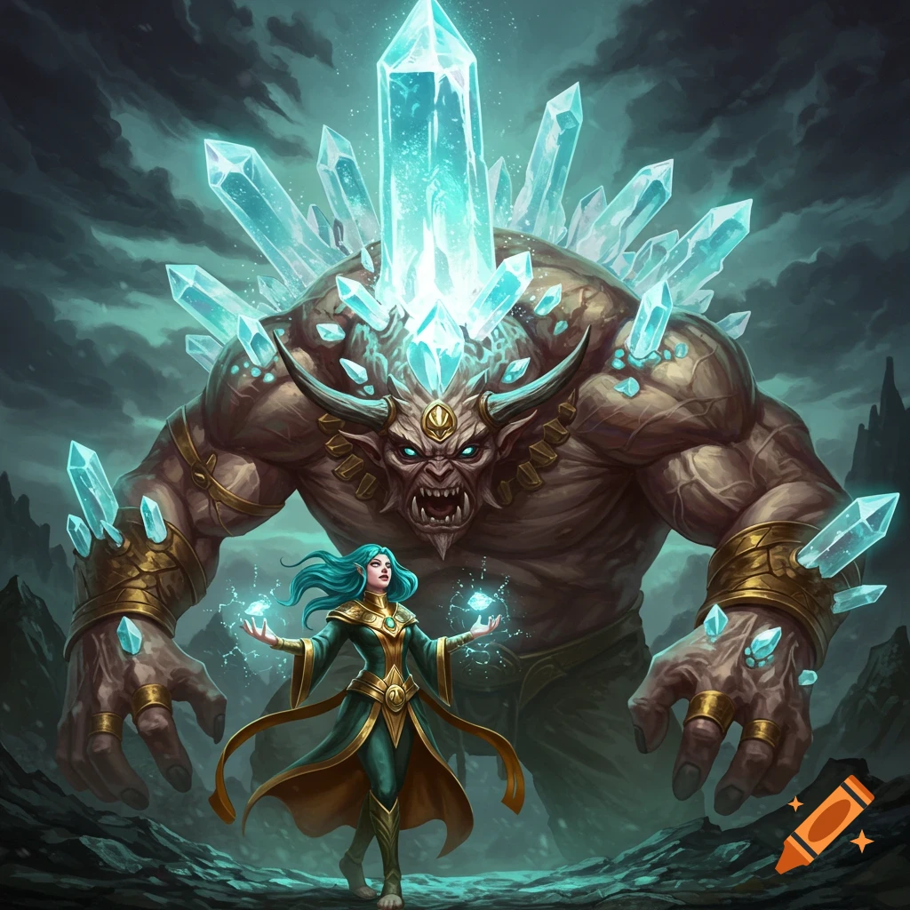 A sorceress stands before a giant monstrous cyclops covered in glowing blue crystals in a dark fantasy landscape.