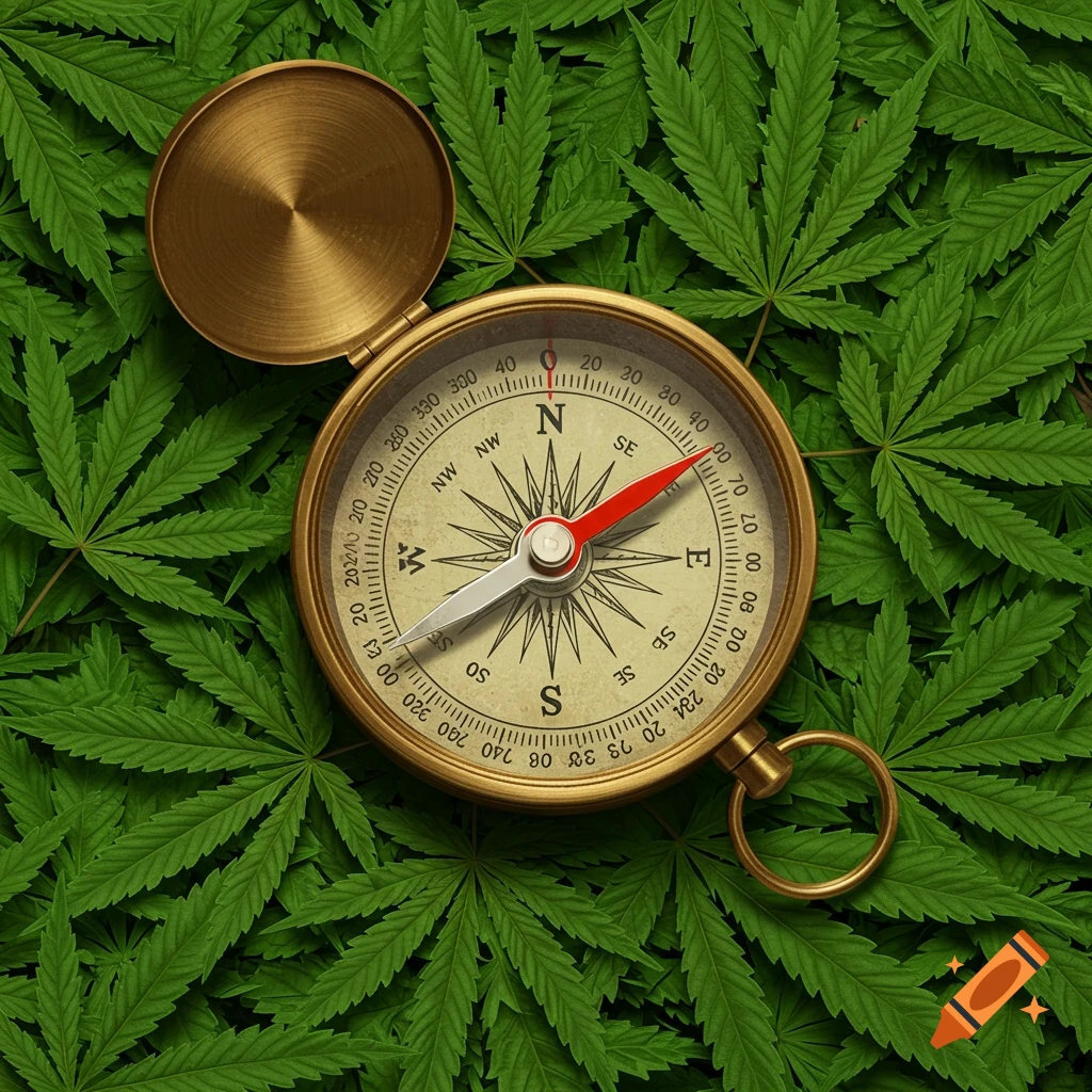 A brass compass sits on a background of green cannabis leaves.