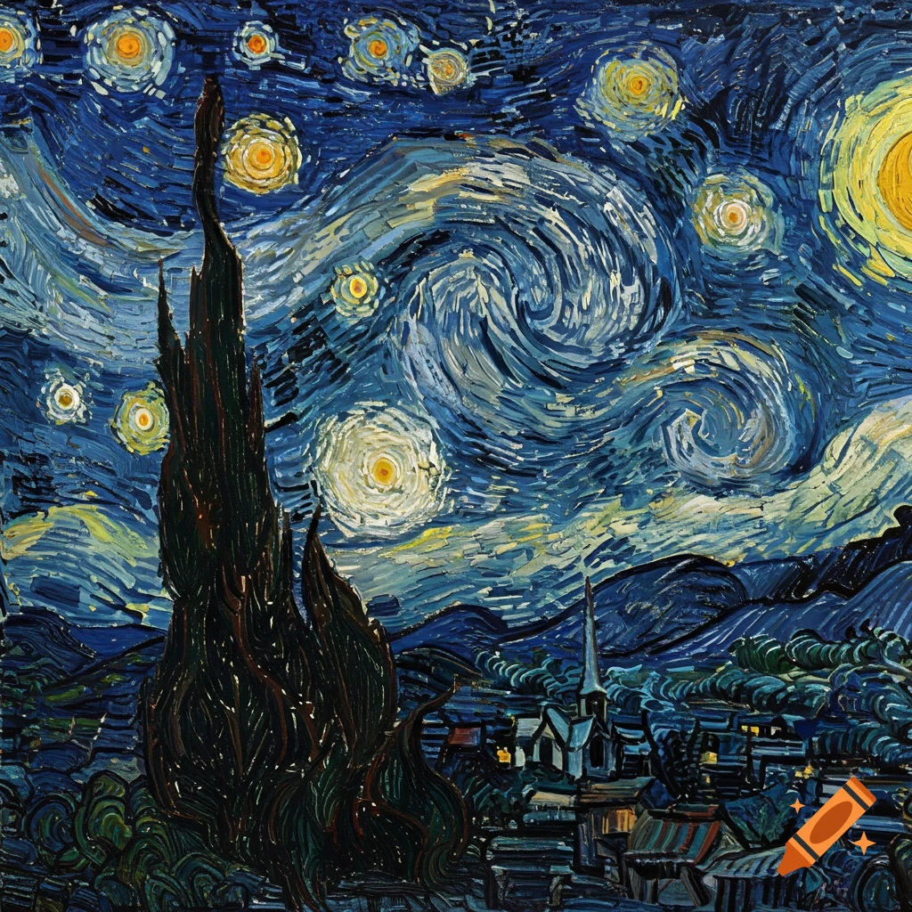 A painting of a starry night sky with swirling stars, a dark cypress tree, and a village, in the style of Van Gogh.