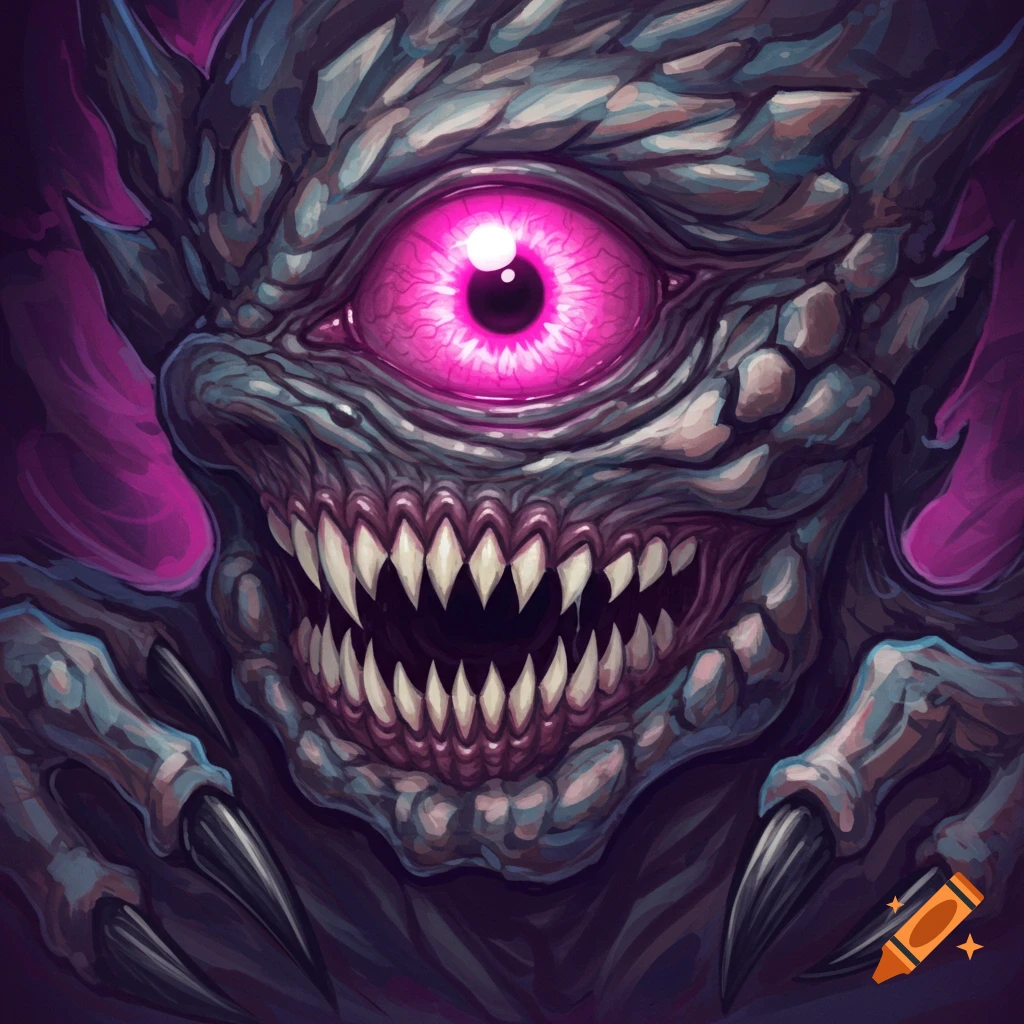 A close-up digital illustration of a grey monster face with one large glowing pink eye and sharp teeth.