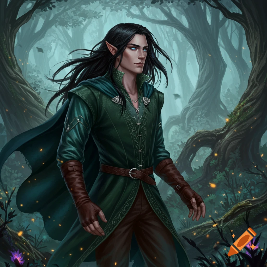 An elven prince with black hair and blue eyes stands in a mystical forest.