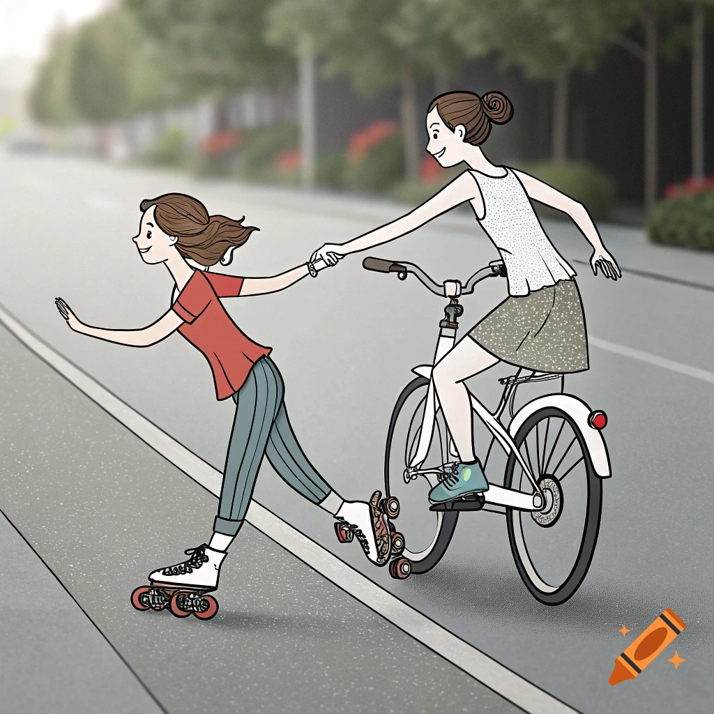 Illustration of one woman on a bike pulling another woman on roller skates along a road.
