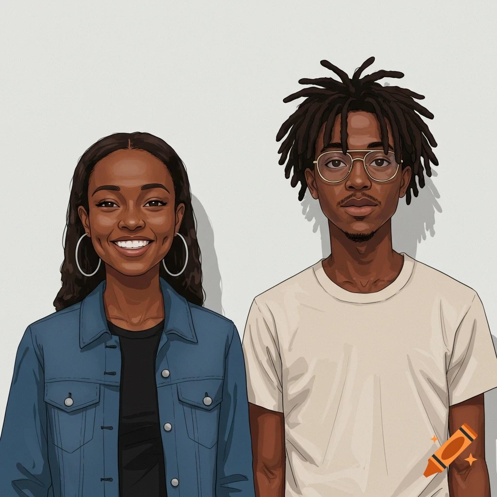 Cartoon portrait of a Black woman with hoops and a denim jacket next to a Black man with dreadlocks and glasses.