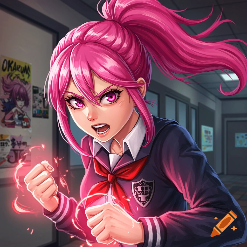 Anime character with pink ponytail, in school uniform, creating red energy around her fists in a hallway.