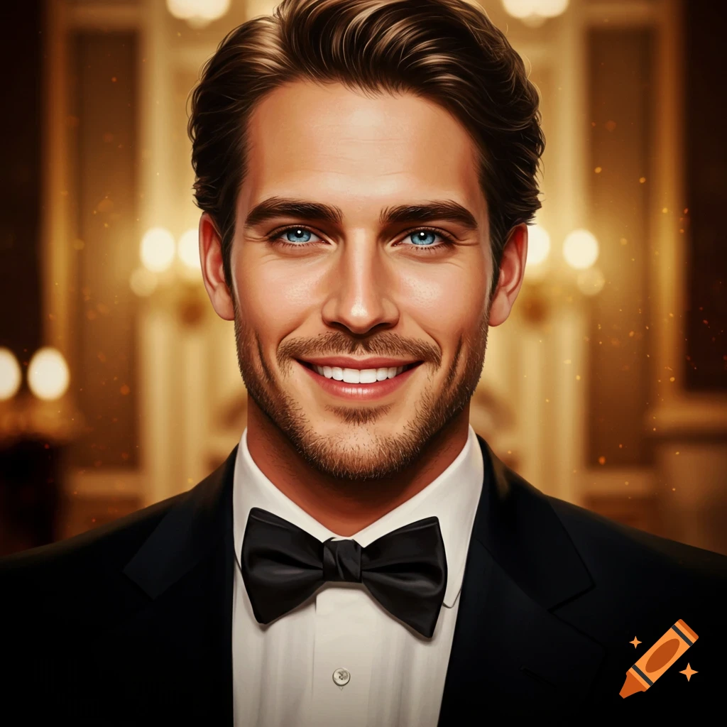 Portrait of a handsome man in a tuxedo smiling.